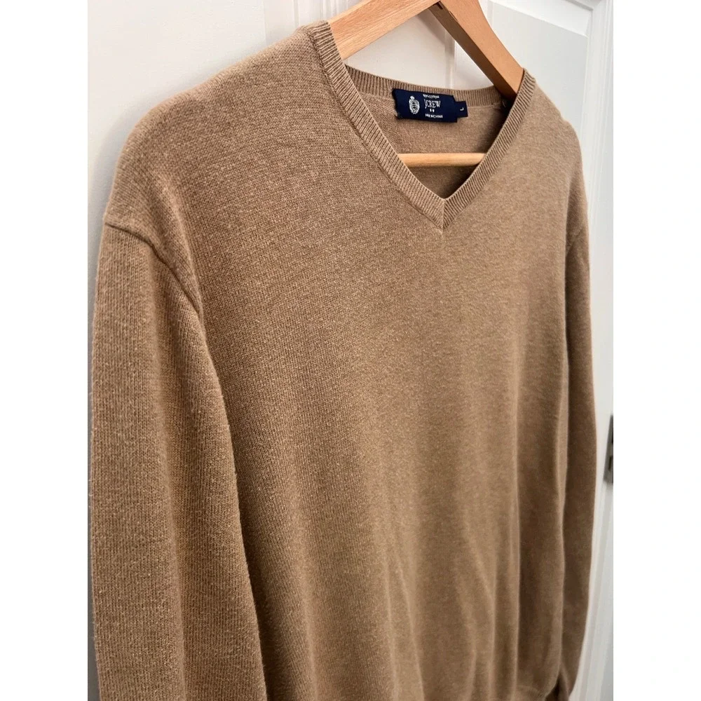 J. Crew Mens V-Neck Sweater Tan Brown 100% Cotton Knit Pullover Large L